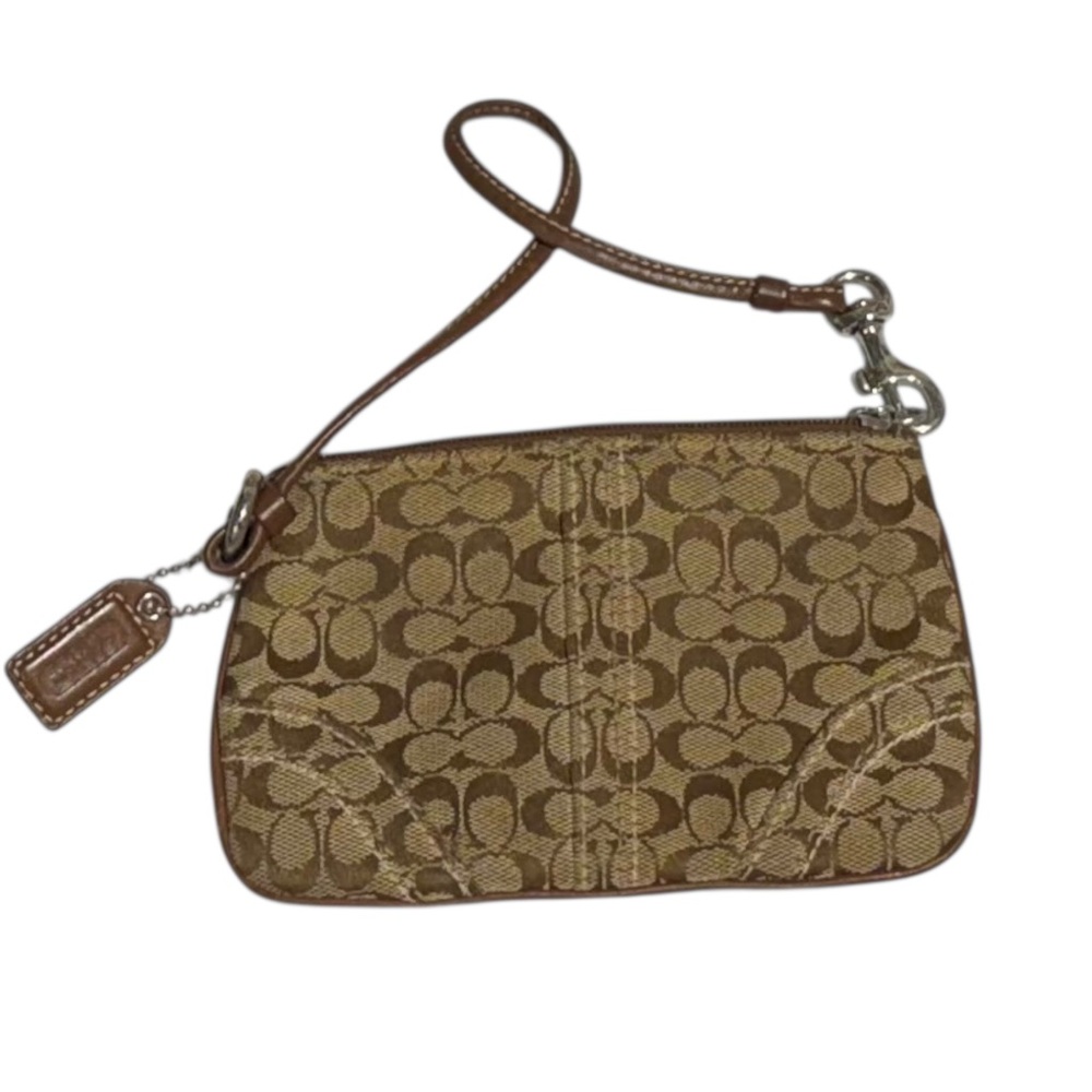 Coach Small Tan and Brown Signature Wristlet Zip Pouch/Wallet